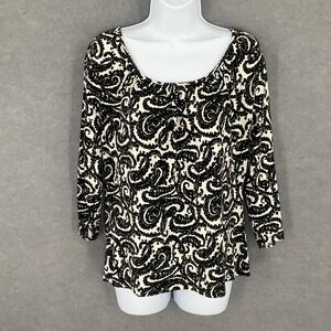 Talbots‎ Women's XL 3/4 Sleeve Top Black White Paisley Print Scoop Neck Blouse